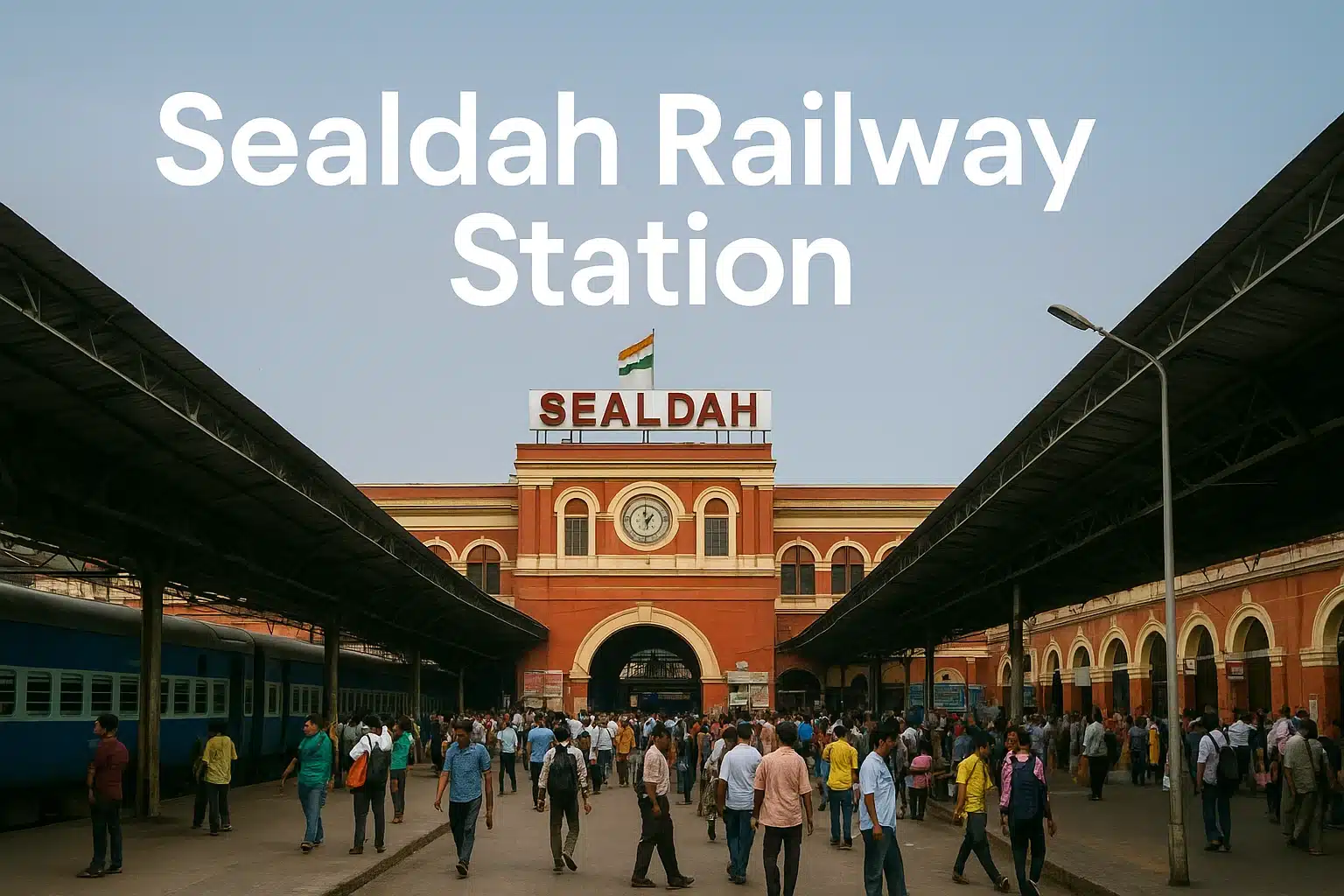 Sealdah Railway Station main entrance with crowd and trains – Kolkata, India