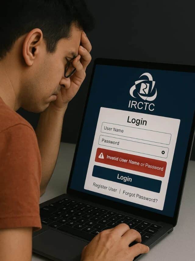 User facing login issue on IRCTC website with error message on laptop screen